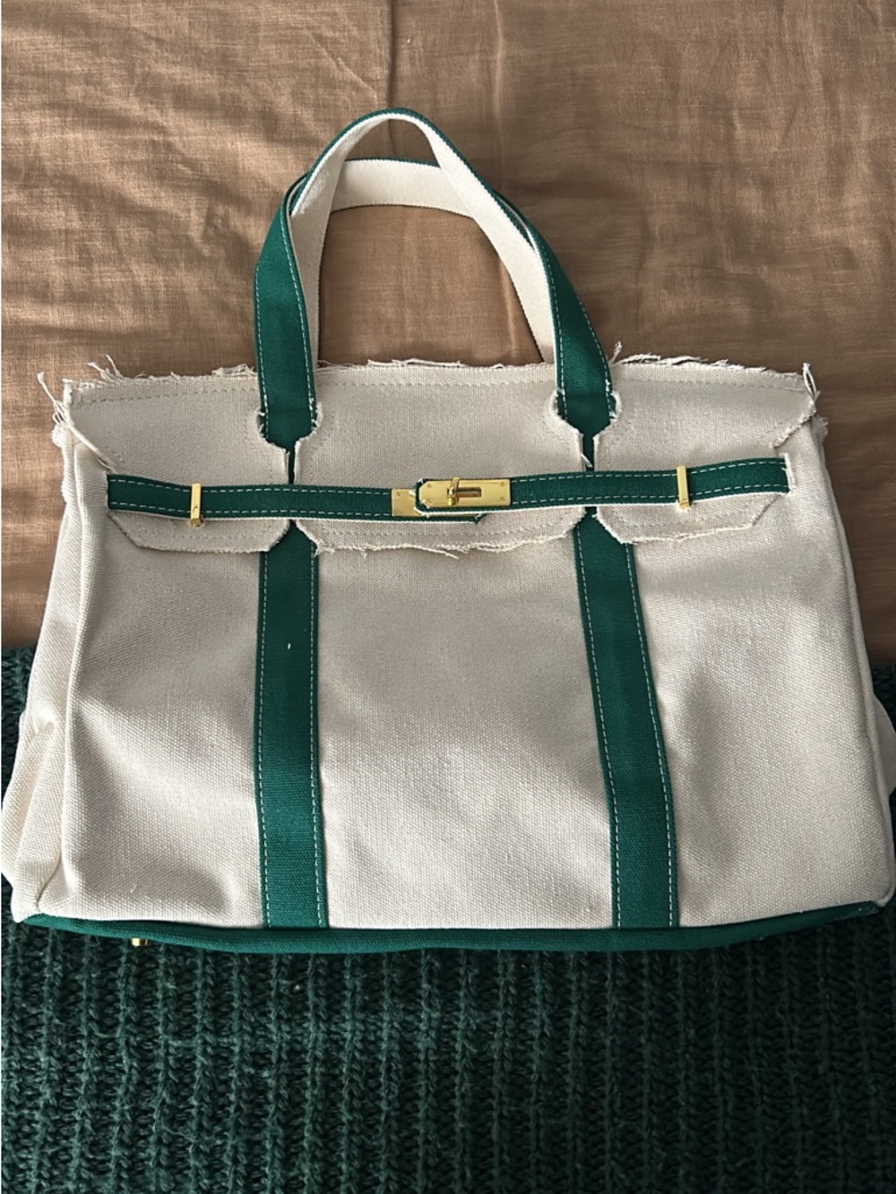 Canvas Tote Bag with Green Trim